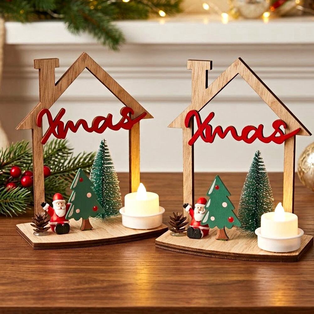Lot of 2 Rustic Wooden House Xmas Tea Light Candle Holders Santa & Tree Decor